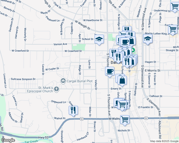 map of restaurants, bars, coffee shops, grocery stores, and more near 601 Murray Hill Drive in Dalton