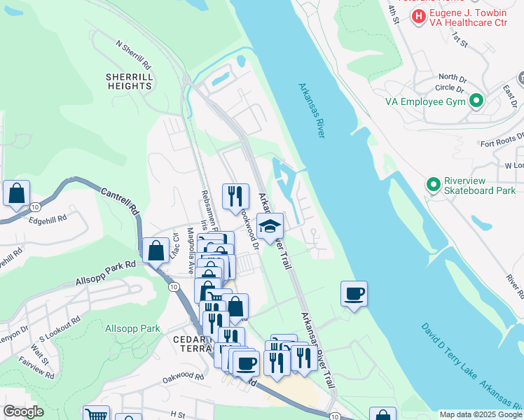 map of restaurants, bars, coffee shops, grocery stores, and more near 2100 Riverfront Drive in Little Rock