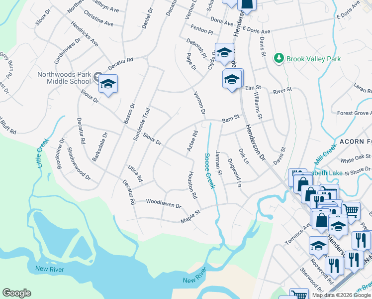 map of restaurants, bars, coffee shops, grocery stores, and more near 601 Aztee Road in Jacksonville