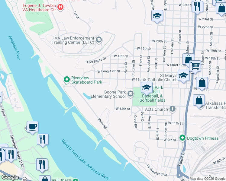 map of restaurants, bars, coffee shops, grocery stores, and more near 1415 Nannette Street in North Little Rock