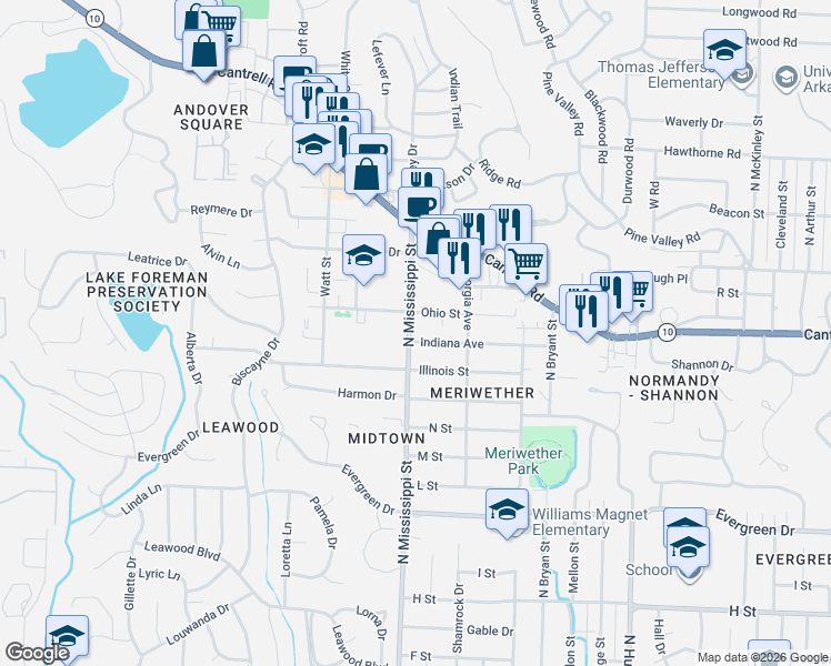 map of restaurants, bars, coffee shops, grocery stores, and more near 1701 North Mississippi Street in Little Rock