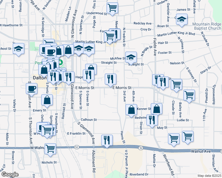 map of restaurants, bars, coffee shops, grocery stores, and more near 606 E Morris St in Dalton