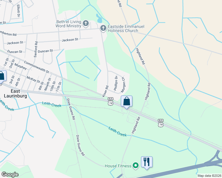 map of restaurants, bars, coffee shops, grocery stores, and more near 17240 Morgan Circle in Laurinburg
