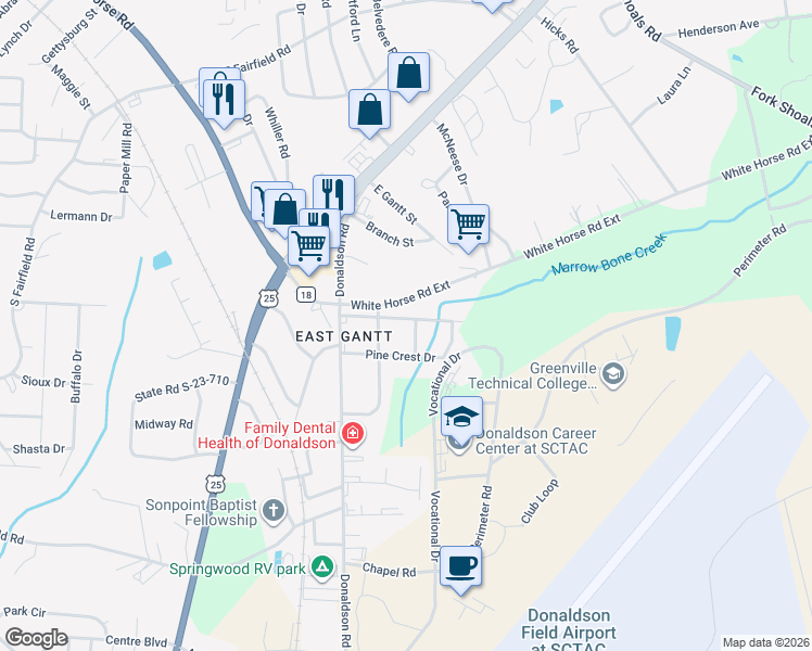 map of restaurants, bars, coffee shops, grocery stores, and more near 200 Springbrook Drive in Greenville