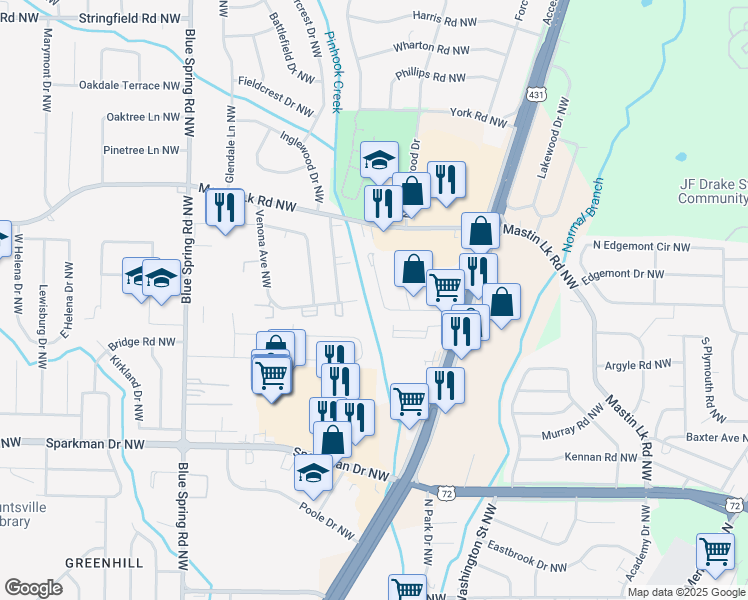 map of restaurants, bars, coffee shops, grocery stores, and more near 2214 Jonathan Drive Northwest in Huntsville