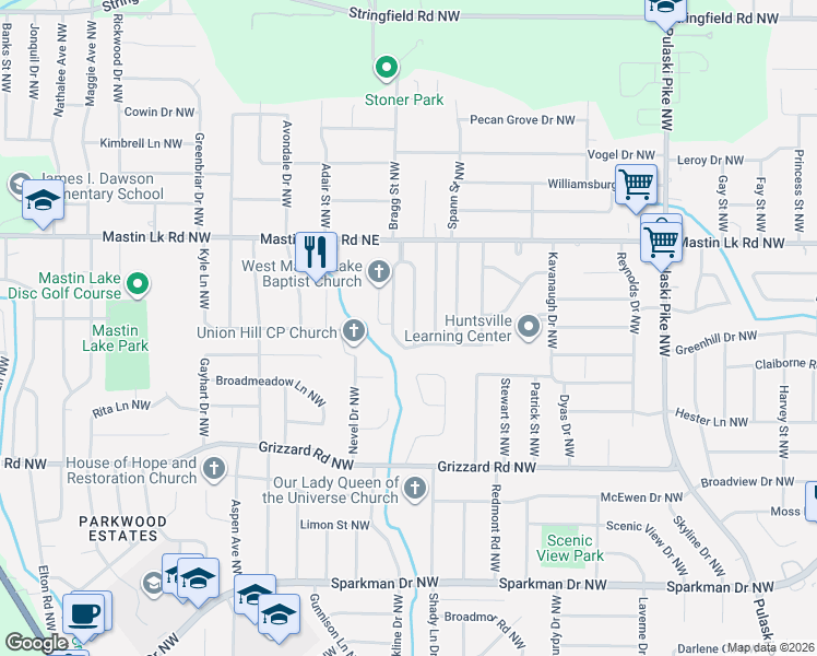 map of restaurants, bars, coffee shops, grocery stores, and more near 3306 East Tucker Drive Northwest in Huntsville