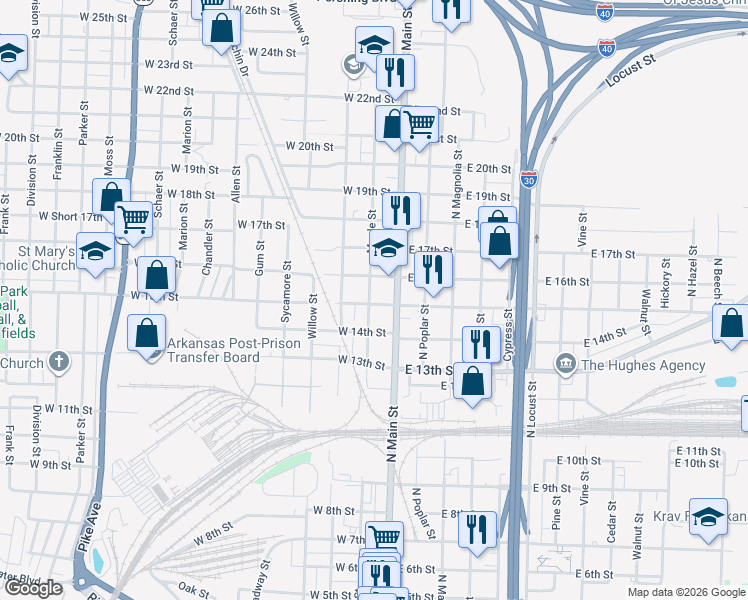map of restaurants, bars, coffee shops, grocery stores, and more near 1500 Maple Street in North Little Rock