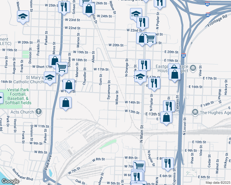 map of restaurants, bars, coffee shops, grocery stores, and more near 1501 Willow Street in North Little Rock