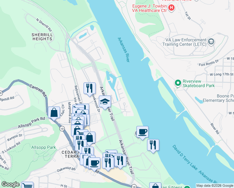 map of restaurants, bars, coffee shops, grocery stores, and more near 1815 River Heights Drive in Little Rock