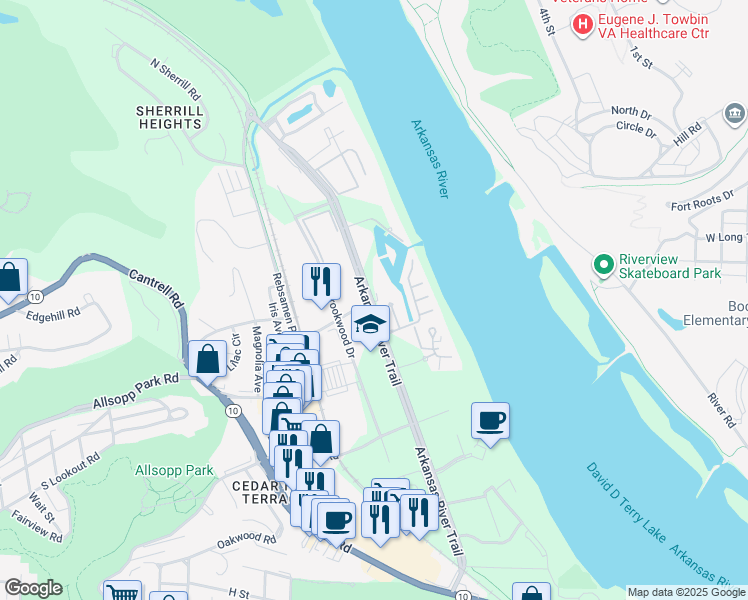 map of restaurants, bars, coffee shops, grocery stores, and more near 2100 Riverfront Drive in Little Rock