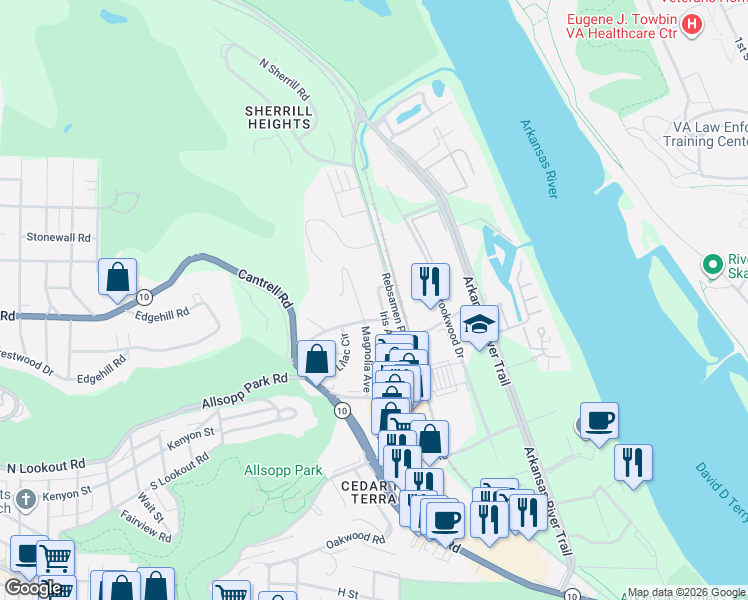 map of restaurants, bars, coffee shops, grocery stores, and more near 1807 Iris Street in Little Rock