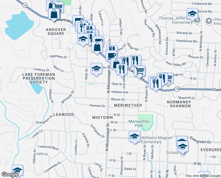 map of restaurants, bars, coffee shops, grocery stores, and more near 1701 North Mississippi Street in Little Rock