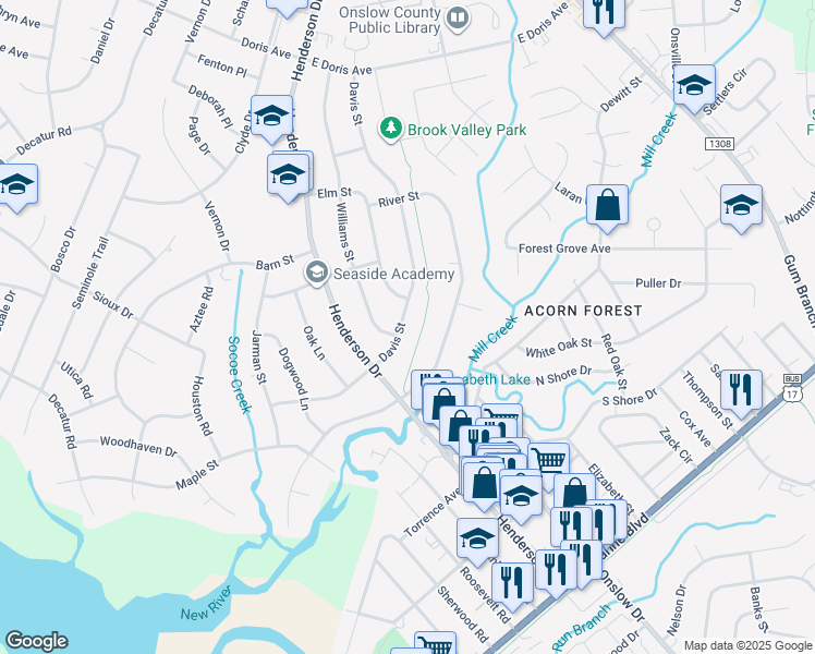 map of restaurants, bars, coffee shops, grocery stores, and more near 1104 Davis Street in Jacksonville