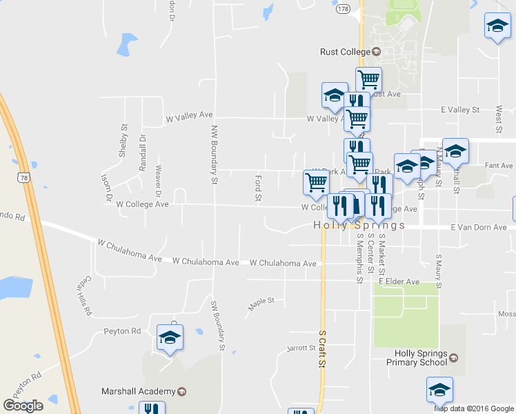 map of restaurants, bars, coffee shops, grocery stores, and more near 315 West College Avenue in Holly Springs