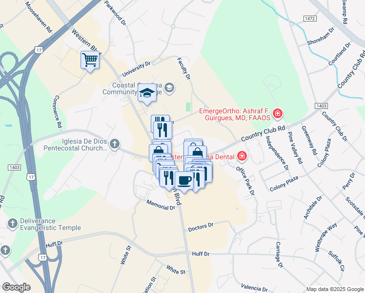 map of restaurants, bars, coffee shops, grocery stores, and more near 111 Villa Drive in Jacksonville
