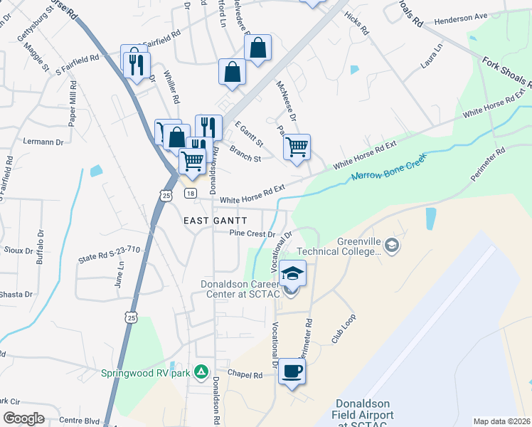 map of restaurants, bars, coffee shops, grocery stores, and more near 200 Springbrook Drive in Greenville