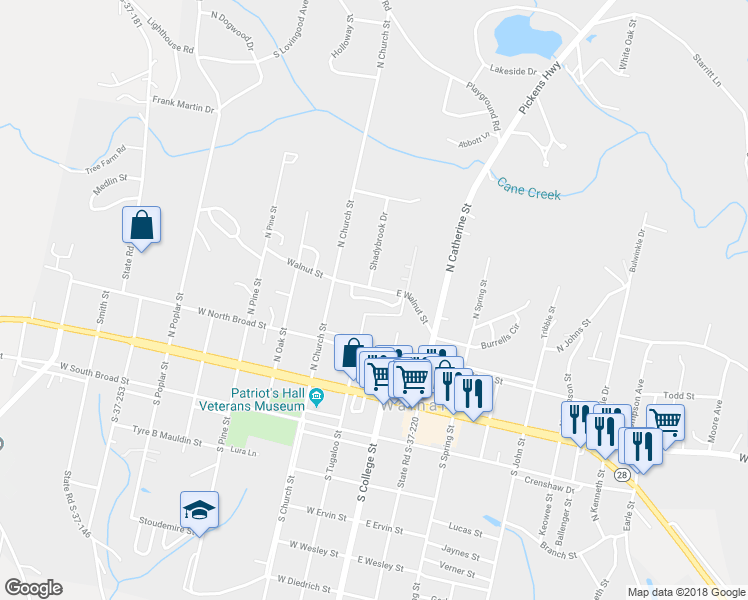 map of restaurants, bars, coffee shops, grocery stores, and more near 101 Autumnwood Lane in Walhalla