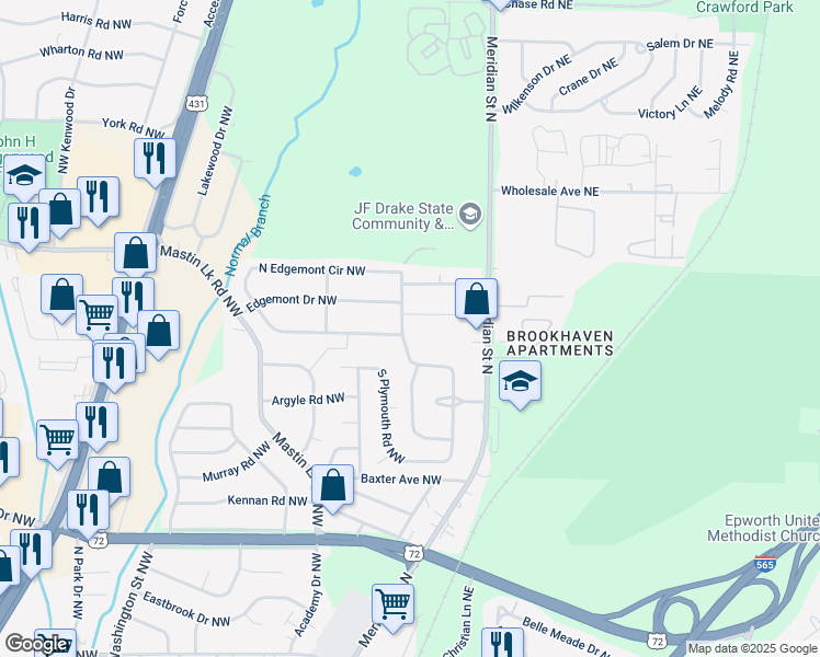 map of restaurants, bars, coffee shops, grocery stores, and more near 308 North Plymouth Road Northwest in Huntsville