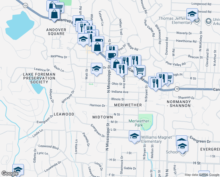 map of restaurants, bars, coffee shops, grocery stores, and more near 1701 North Mississippi Street in Little Rock
