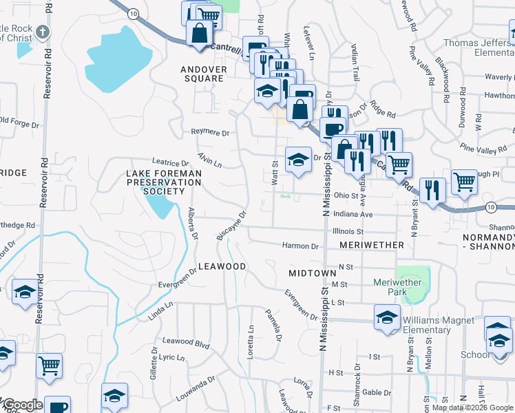 map of restaurants, bars, coffee shops, grocery stores, and more near 16 Glen Abbey Court in Little Rock