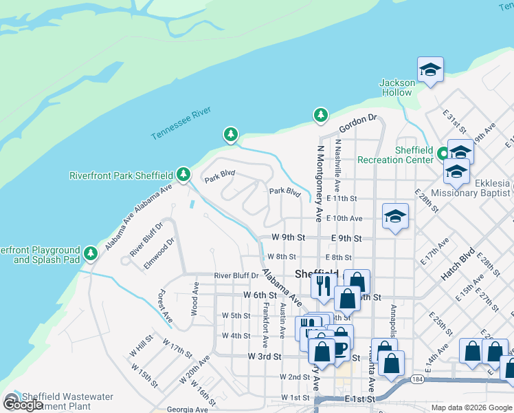 map of restaurants, bars, coffee shops, grocery stores, and more near 374-398 Park Boulevard in Sheffield