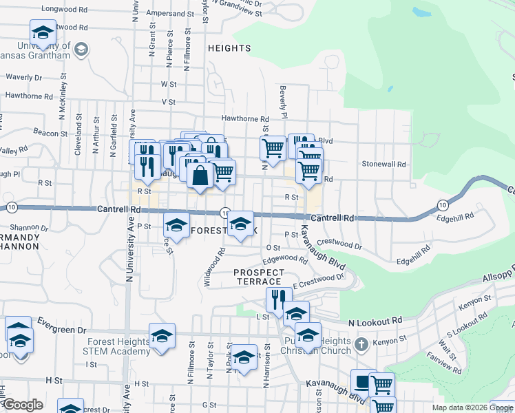 map of restaurants, bars, coffee shops, grocery stores, and more near 1810 North Harrison Street in Little Rock