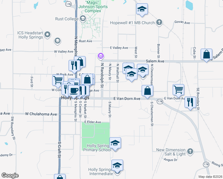 map of restaurants, bars, coffee shops, grocery stores, and more near 270 East College Avenue in Holly Springs