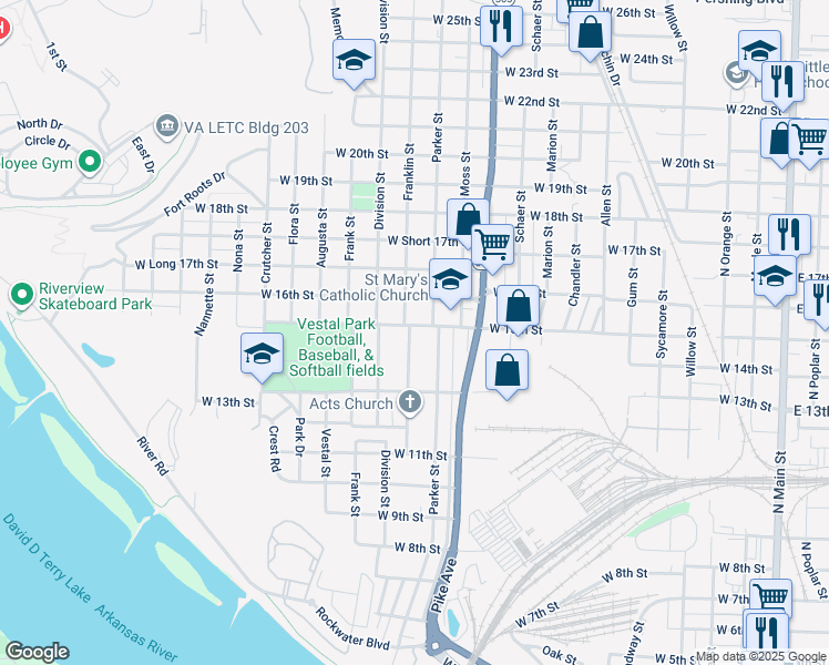 map of restaurants, bars, coffee shops, grocery stores, and more near 1418 Franklin Street in North Little Rock