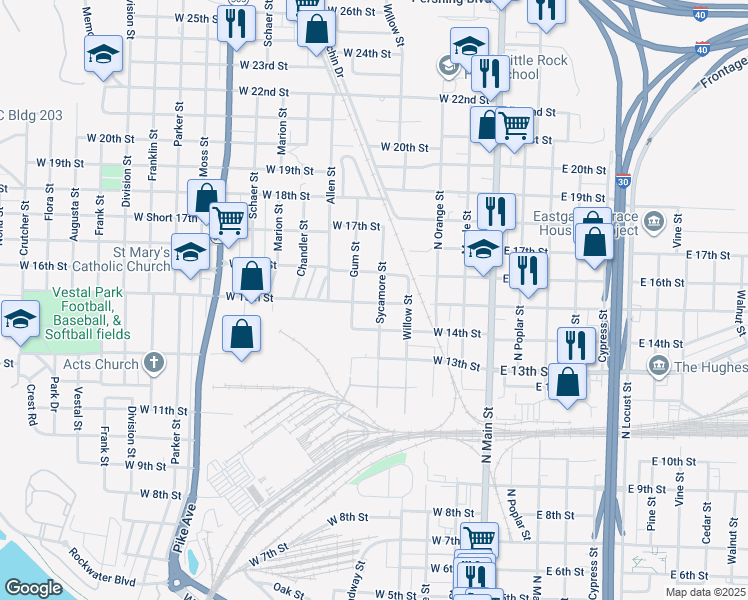map of restaurants, bars, coffee shops, grocery stores, and more near 1501 Sycamore Street in North Little Rock