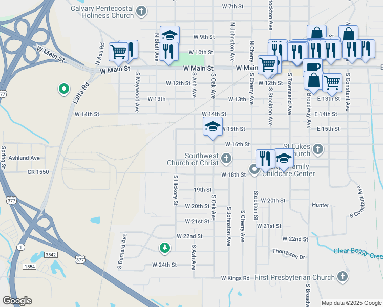 map of restaurants, bars, coffee shops, grocery stores, and more near 617 South Ash Avenue in Ada