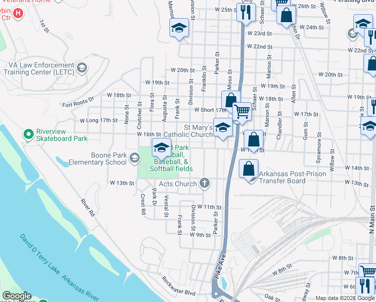 map of restaurants, bars, coffee shops, grocery stores, and more near 1415 Division Street in North Little Rock