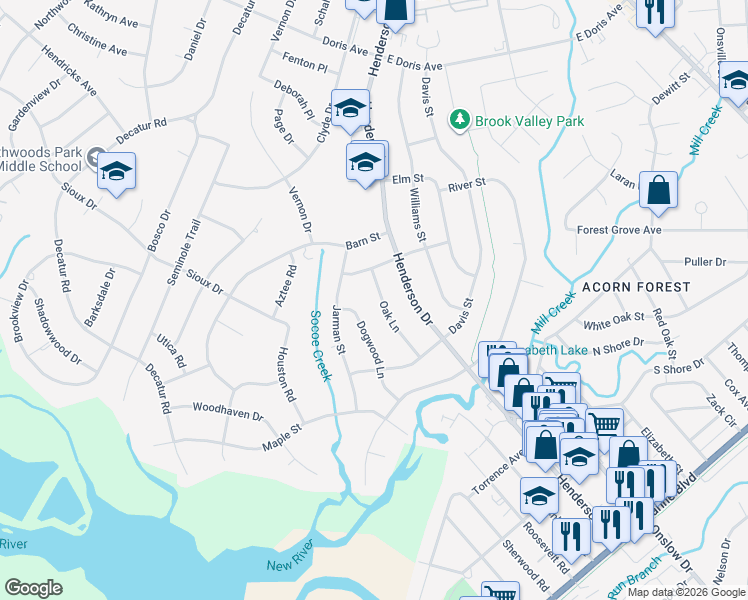 map of restaurants, bars, coffee shops, grocery stores, and more near 523 Oak Lane in Jacksonville
