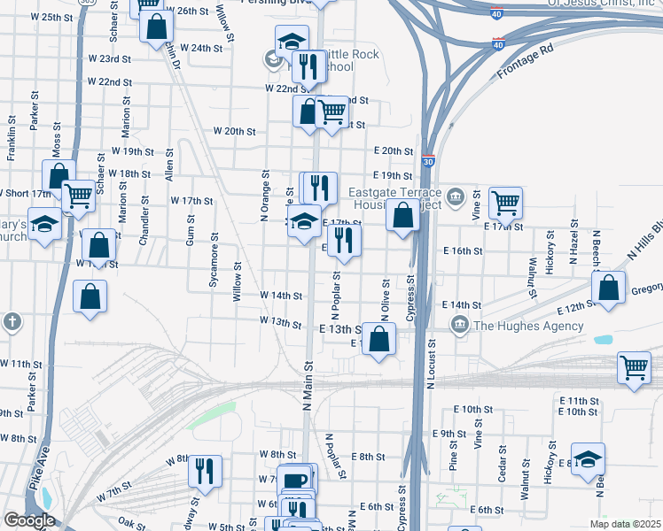 map of restaurants, bars, coffee shops, grocery stores, and more near 1505 North Poplar Street in North Little Rock