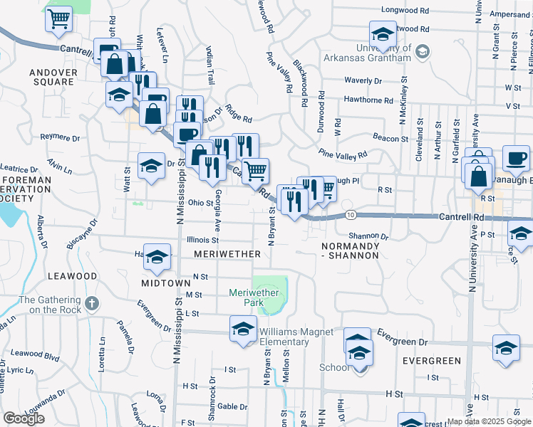 map of restaurants, bars, coffee shops, grocery stores, and more near 1906 North Bryant Street in Little Rock