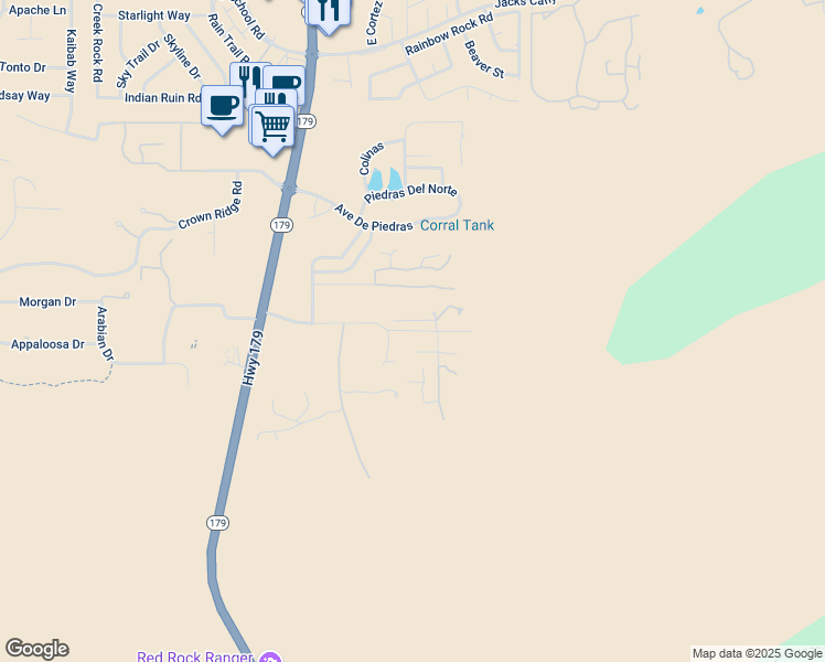 map of restaurants, bars, coffee shops, grocery stores, and more near 30 Wild Horse Mesa Drive in Sedona
