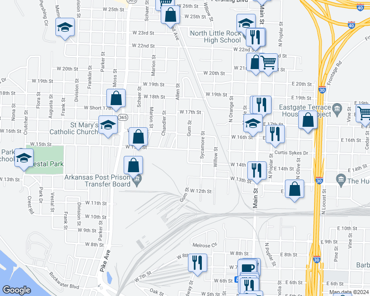 map of restaurants, bars, coffee shops, grocery stores, and more near 1500 Allen Street in North Little Rock