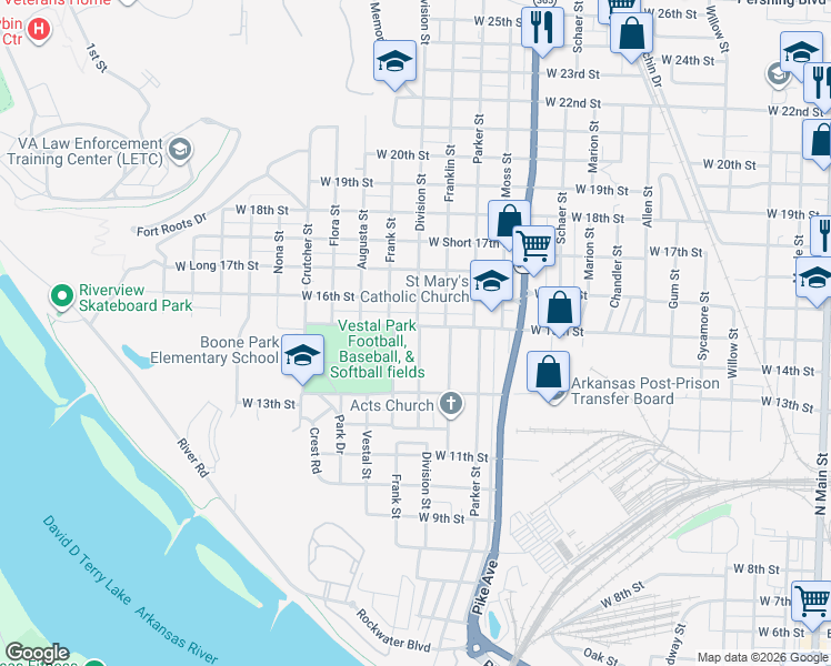 map of restaurants, bars, coffee shops, grocery stores, and more near 1415 Division Street in North Little Rock