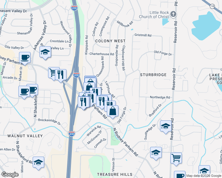 map of restaurants, bars, coffee shops, grocery stores, and more near 1707 Tarrytown Road in Little Rock