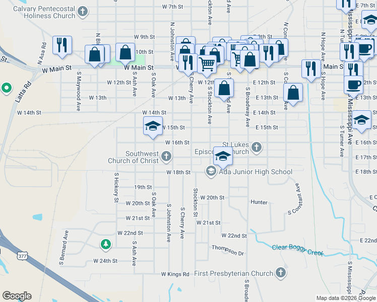 map of restaurants, bars, coffee shops, grocery stores, and more near 406 West 17th Street in Ada