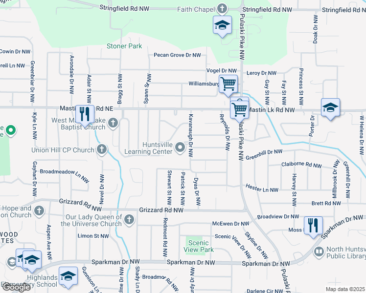 map of restaurants, bars, coffee shops, grocery stores, and more near 3305 Kavanaugh Circle Northwest in Huntsville