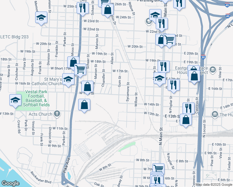map of restaurants, bars, coffee shops, grocery stores, and more near 1500 Allen Street in North Little Rock