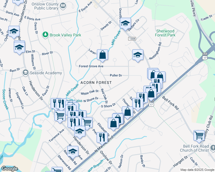 map of restaurants, bars, coffee shops, grocery stores, and more near 103 Summersill Drive in Jacksonville