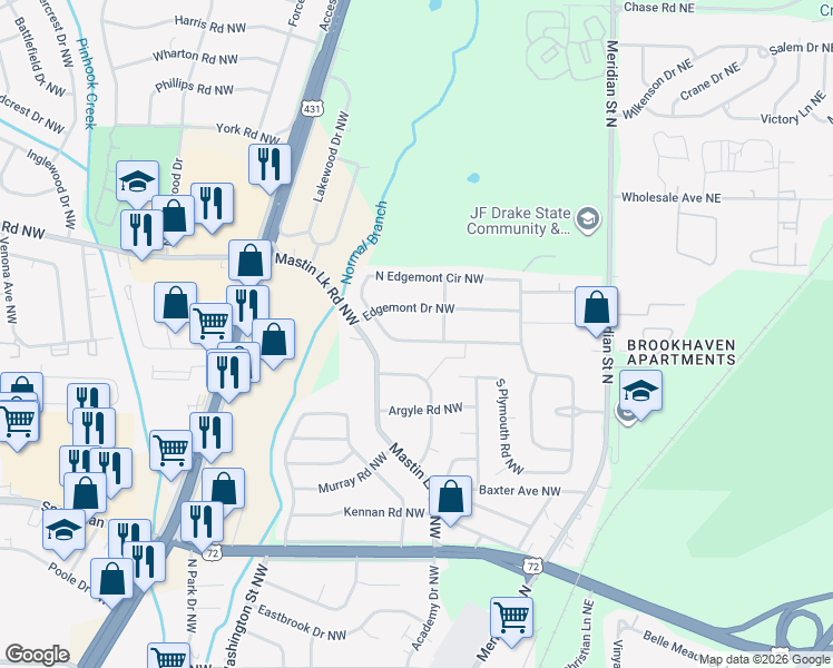 map of restaurants, bars, coffee shops, grocery stores, and more near 428 South Edgemont Circle Northwest in Huntsville