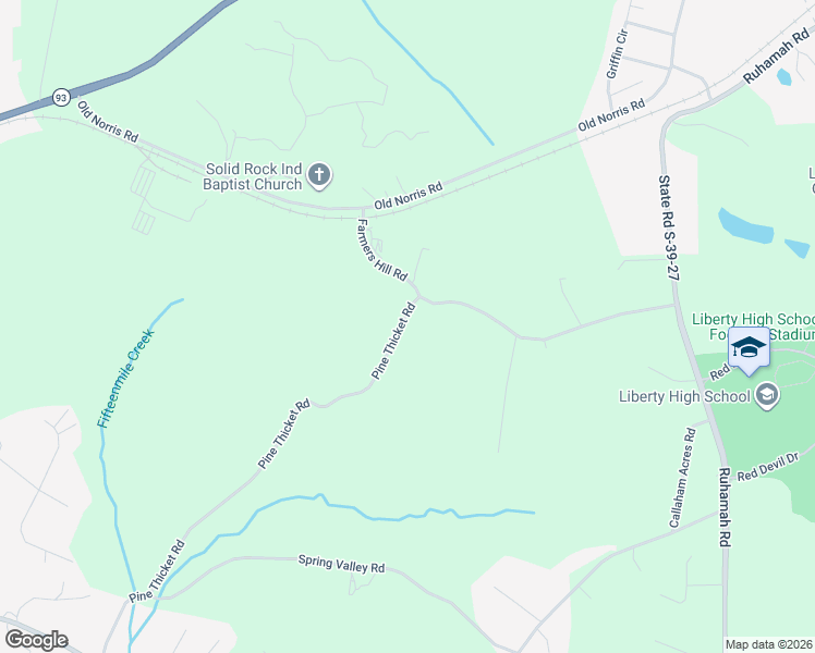 map of restaurants, bars, coffee shops, grocery stores, and more near 104 Pine Thicket Road in Liberty