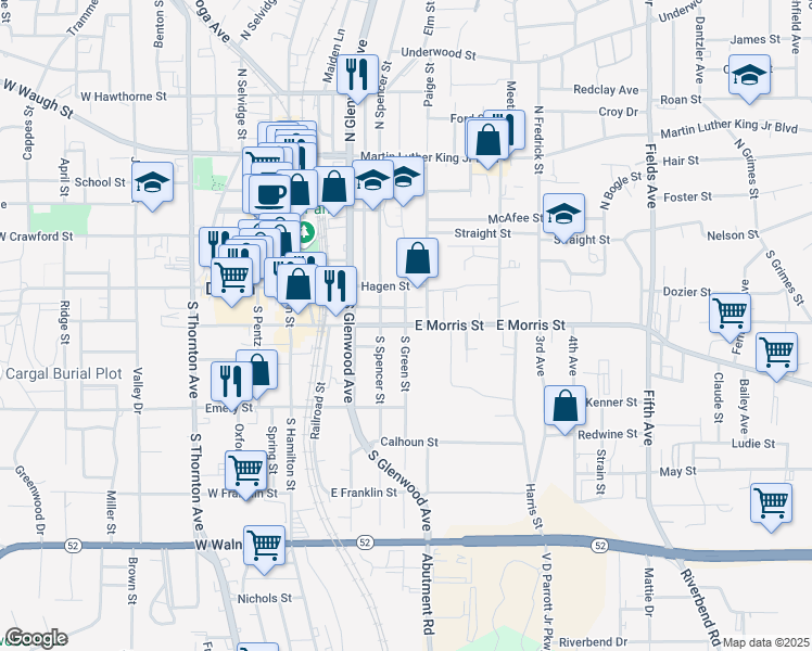 map of restaurants, bars, coffee shops, grocery stores, and more near 358 East Morris Street in Dalton