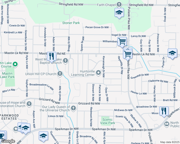 map of restaurants, bars, coffee shops, grocery stores, and more near 3819 Cary Road Northwest in Huntsville