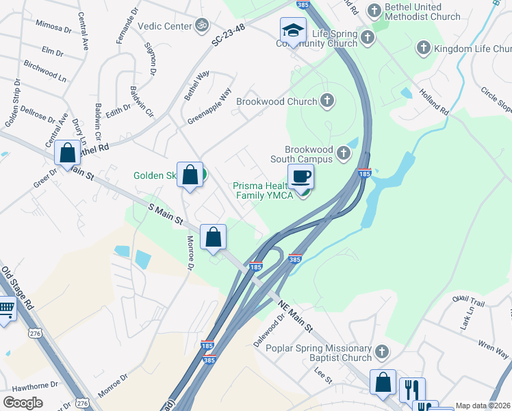 map of restaurants, bars, coffee shops, grocery stores, and more near 231 Apple Blossom Lane in Simpsonville
