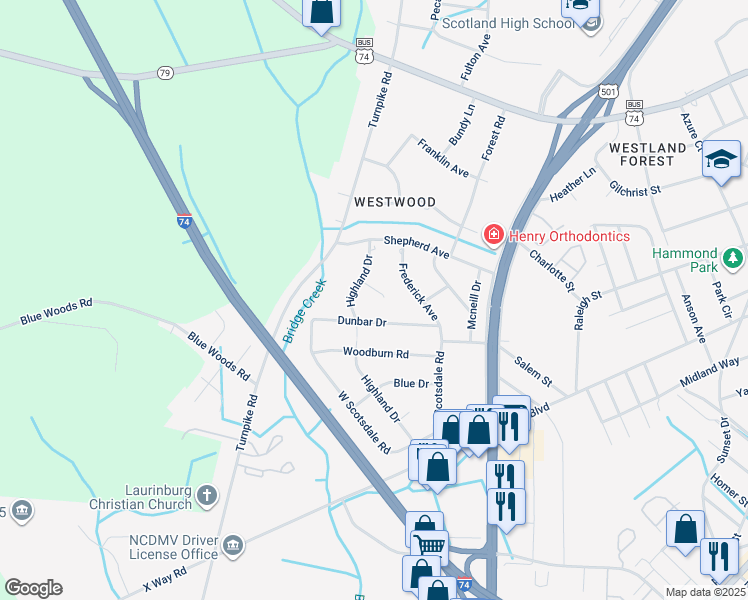 map of restaurants, bars, coffee shops, grocery stores, and more near 1203 Wells Circle in Laurinburg