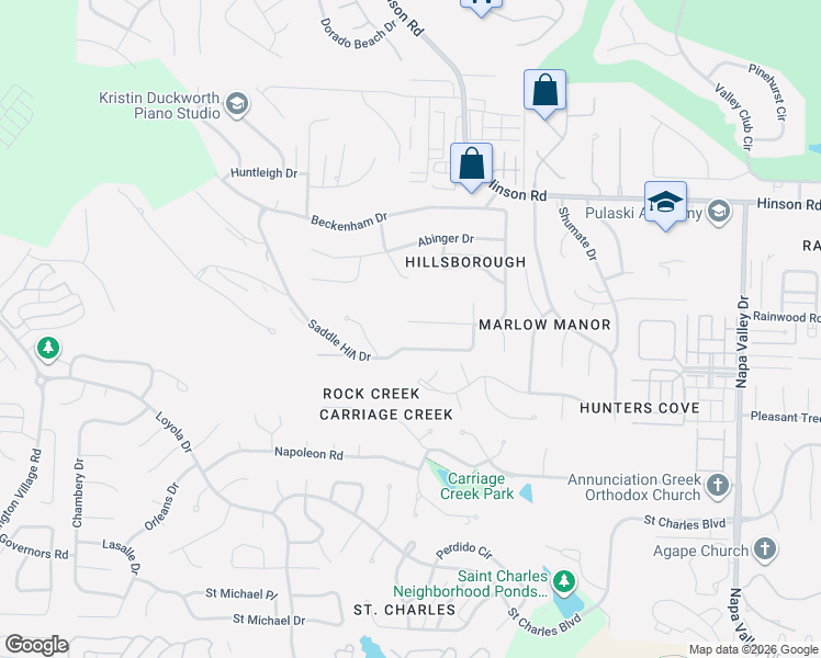 map of restaurants, bars, coffee shops, grocery stores, and more near 1501 Hillsborough Lane in Little Rock