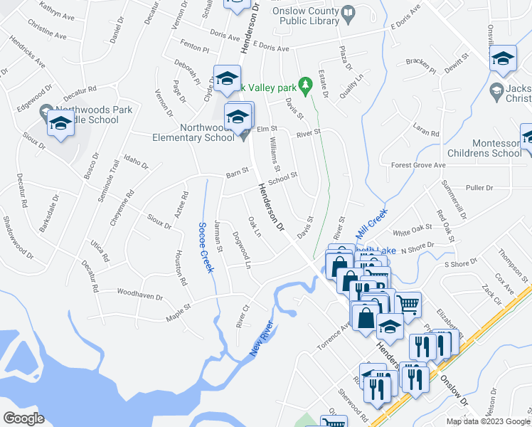 map of restaurants, bars, coffee shops, grocery stores, and more near 519 Henderson Drive in Jacksonville